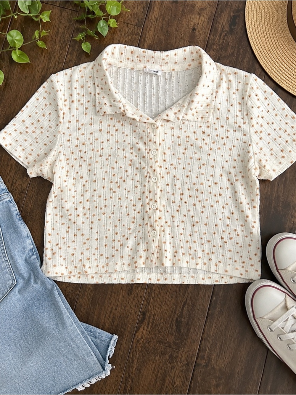 Cotton On Ribbed Floral Pointelle Collared Crop Top Cream Brown Size Large